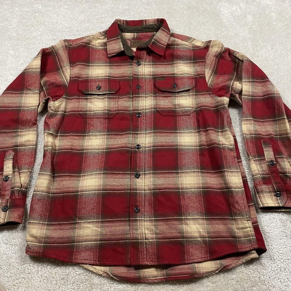 Orvis Shirt Jacket Mens L Red Plaid Flannel Quilted Lined Button Front Outdoor